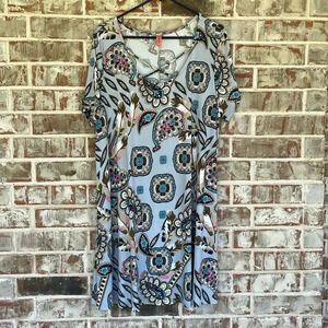 Honeyme Curvy Medallion Feather Paisley Criss Cross Neckline Dress